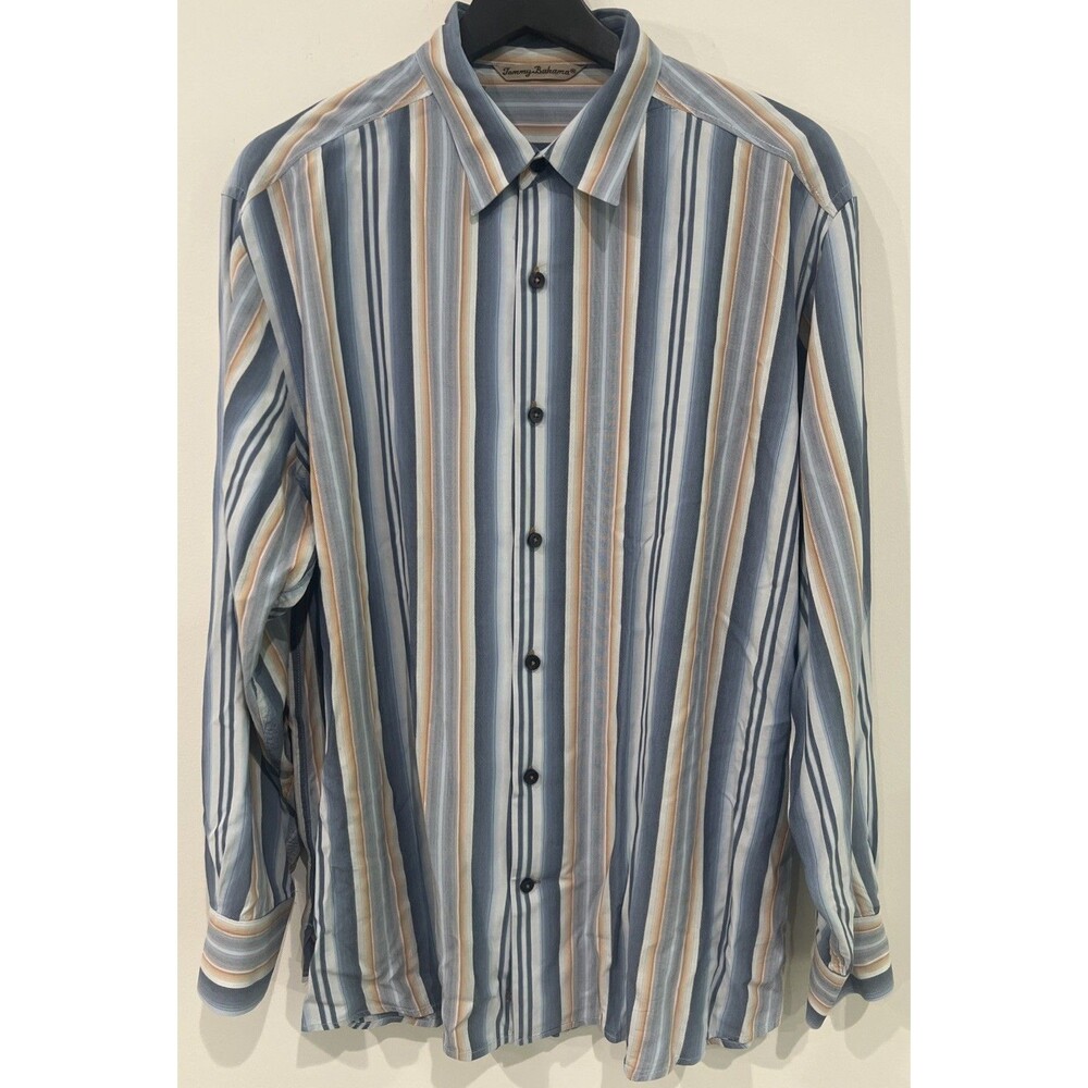 Tommy Bahama Mens Silk Long Sleeve Button Down Shirt Blue Brown Striped Large
